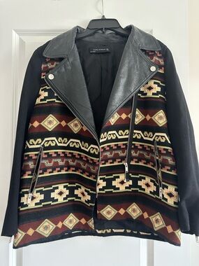 Zara Black faux leather moto Jacket with Multi-Color Aztec Pattern